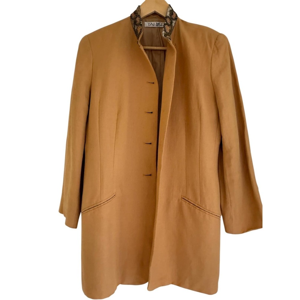 Vintage Tahari Beaded Collar Linen Blend Blazer Jacket Tan Beige Size 14 90s - Picture 1 of 8
